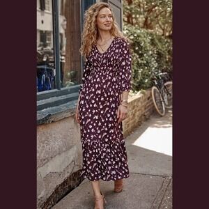 J. Jill Medium Tall Tiered Flounced Hem Midi Dress 3/4 Sleeve Floral Smocked